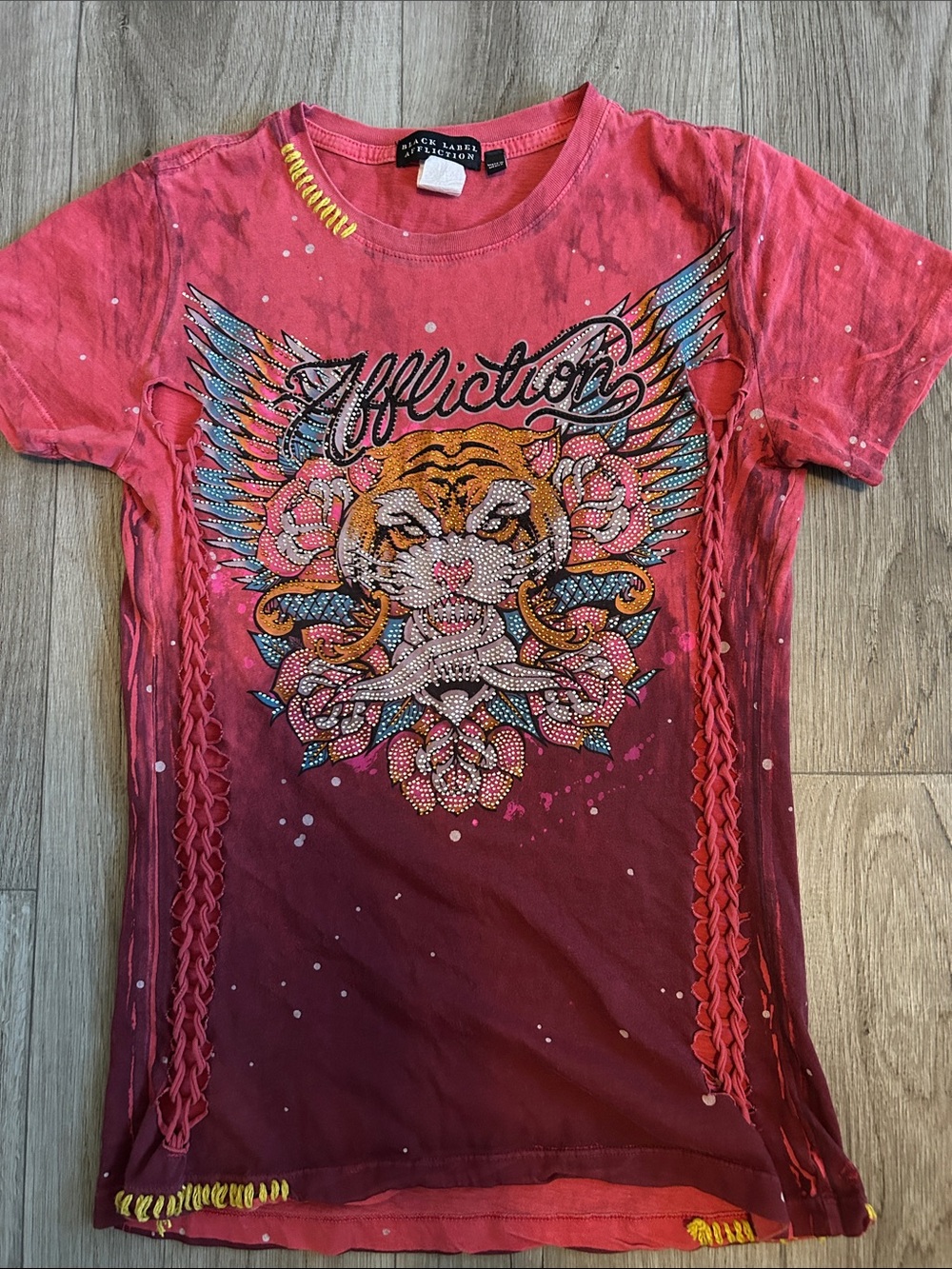 Affliction Womens' Pink Ombre Tiger Wing Graphic Tee